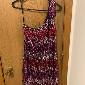 Pink purple sequin mini dress one shoulder NWT Juniors L / Womens M Lily Rose
